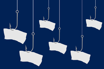 Vector illustration of a fish hook with a piece of paper attached to it with space for text or message