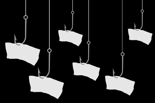 Vector illustration of a fish hook with a piece of paper attached to it with space for text or message