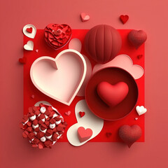 Valentines day background with gift box and red hearts. Top view. Flat lay style.