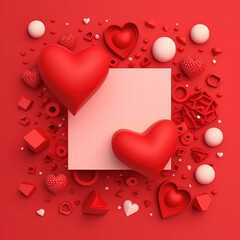 Valentines day background with gift box and red hearts. Top view. Flat lay style. - obrazy, fototapety, plakaty