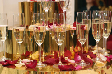 wine glasses with champagne and rose petal on table close up photo