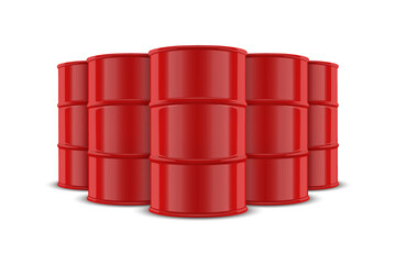 Vector 3d Realistic Five Red Barrels, Hazard Liquid. Caution Barrel, Radioactive, Hazardous Chemical Materials, Toxic Pollution, Many Danger Barrels, Set Closeup Isolated. Front View