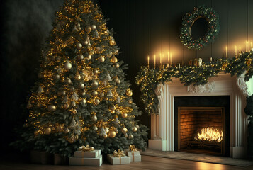 Christmas tree in a room with fireplace, gifts, candles, garlands. Decorated New Year interior. Festive atmosphere.