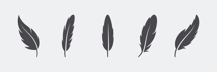 Vector Fluffy Feather Silhouette Icon Set Isolated. Design Template of Flamingo, Angel, Bird Feathers. Lightness, Freedom Concept