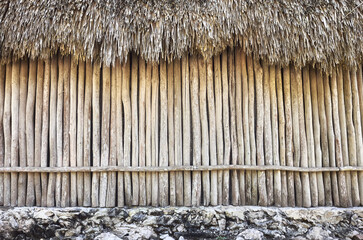 Mexican jungle Mayan house roof wall, natural background.