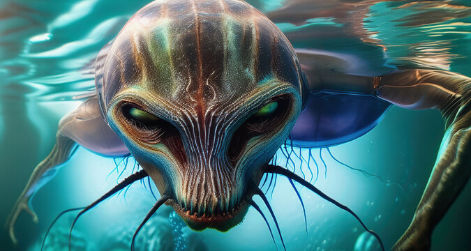closeup of underwater alien like monster creature with black green eyes sharp teeth some tentacles and brown violet green skin swimming underwater and looking at viewer, generative AI
