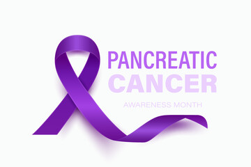 Pancreatic Cancer Banner, Card, Placard with Vector 3d Realistic Purple Ribbon on White Background. Pancreatic Cancer Awareness Month Symbol Closeup. World Pancreatic Cancer Day Concept