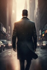 Back view of CEO businessman walking like a king down a big city street
