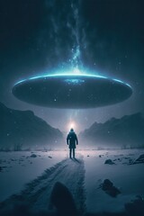 A lone witness sees the faint glow from the lights on a UFO shine through blizzard conditions, cinematic atmosphere on judgement day. Alien abduction.
