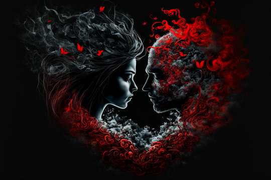 Valentine's day image with two lovers in heart and smoke outline