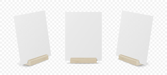 Vector 3d Realistic White Blank A4 Vertical Paper Sheet, Card on Wooden Holder, Stand Icon Set Closeup Isolated. Design Template for Mockup, Menu Frame, Booklets. Acrylic Tent Card. Front, Side View