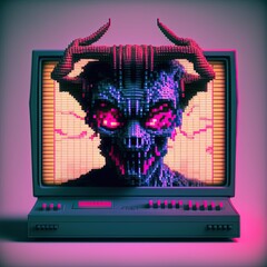 Computer virus concept, retro synthwave style, demon coming out of old computer screen