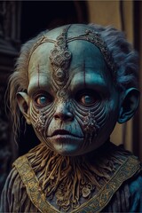 Creepy scary orphaned ghost child in eerie wooden mask, sad dead ghosts. Character design horror.