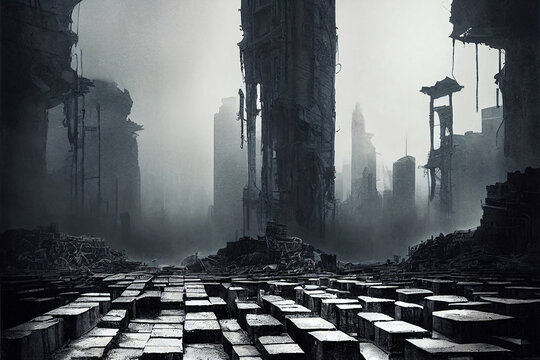 half submerge city ruins, destroyed by war . Apocalypse battlefield aftermath ruins. Designed using generative ai. 