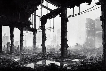 Obraz premium half submerge city ruins, destroyed by war . Apocalypse battlefield aftermath ruins. Designed using generative ai. 