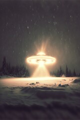 Glowing lights from UFO shines in the dark night. Aliens landing on earth. 