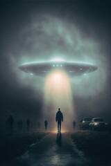 Glowing lights from UFO shines in the dark night. Aliens landing on earth. One lonely human witness.
