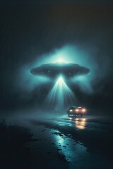 Glowing lights from UFO shines in the dark night. Aliens landing on earth.