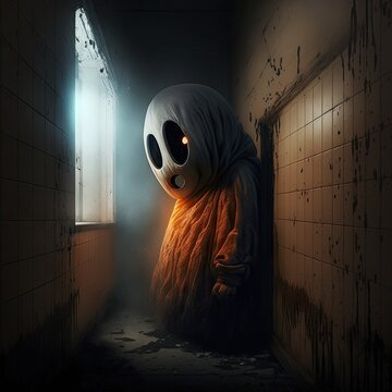 Sad lonely monster creature looks out the window from a dark corridor