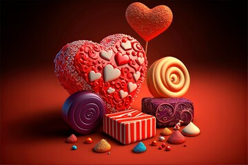 Candy for valentine's day. Sweets concept on red background.