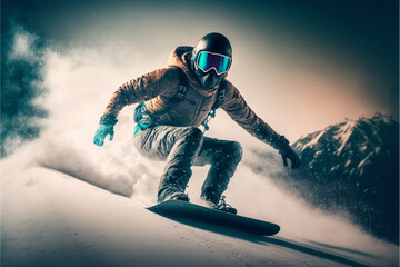 Fototapeta na wymiar Snowboarder on the slope. Alps extreme sport. Generative AI