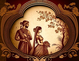 Fototapeta premium Indian wedding card golden background vintage retro style.