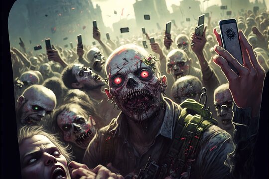 Zombie takes a selfie in the middle of a big horde during the zombie apocalypse
