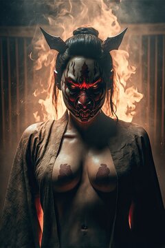 Fierce asian woman wearing oni mask over face. Fire and flames in the background.