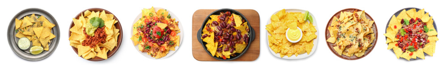 Group of tasty traditional dishes with nachos on white background