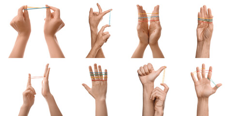 Collage of human hands with rubber bands on white background - obrazy, fototapety, plakaty
