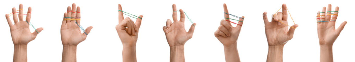 Collage of hands with rubber bands on white background