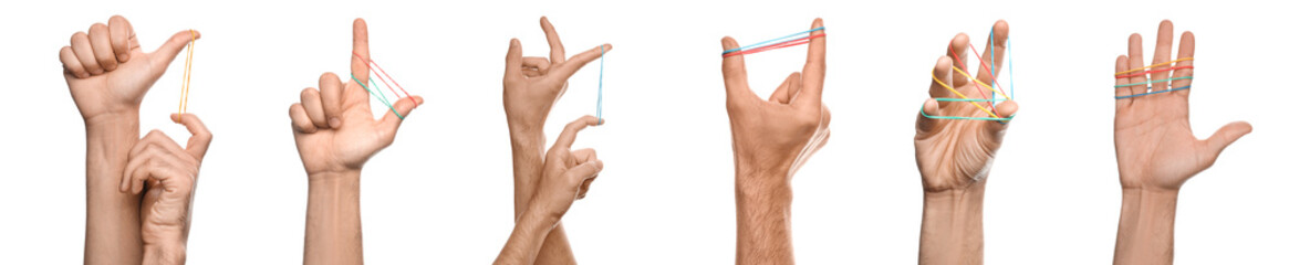 Collage of male hands with rubber bands on white background