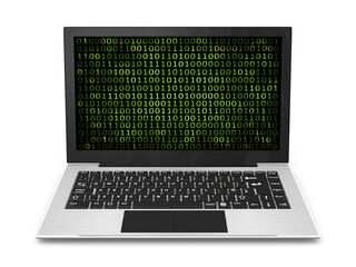 3d illustration computer with binary code over white background