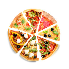 Slices of different tasty pizzas isolated on white, top view