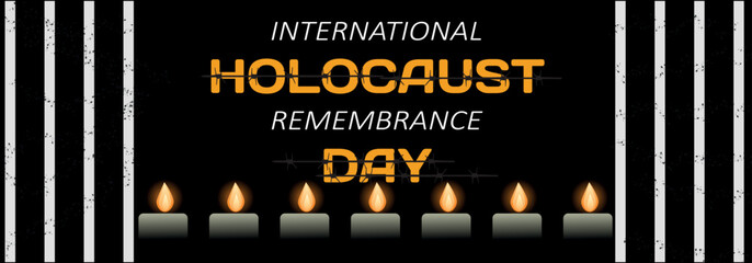 Banner for International Holocaust Remembrance Day with burning candles on dark background