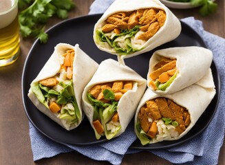 homemade tortilla wraps with chicken, vegetables and cheese on a wooden background. selective focus.