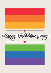 Creative greeting card for Valentine's Day with rainbow flag on light background. LGBT concept