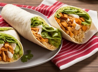 homemade tortilla wraps with chicken, vegetables and cheese on a wooden background. selective focus.