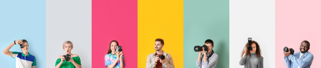 Set of different photographers with modern cameras on color background