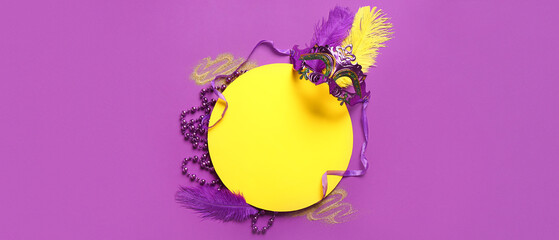 Blank greeting card with carnival mask and festive decor on violet background
