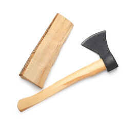 Ax with firewood on white background