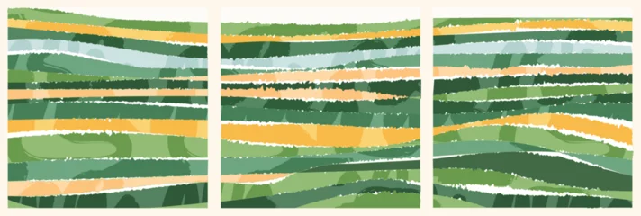 Rolgordijnen Green collage abstract agri field background vector illustration. Pattern with textured nature, organic shape with scribble. Square post set, contemporary backdrop collection, social media template © Maria Petrish