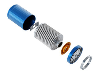 Spare new oil filter exploded perspective on transparent background