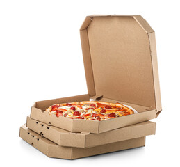 Stack of cardboard boxes with tasty pizza isolated on white background