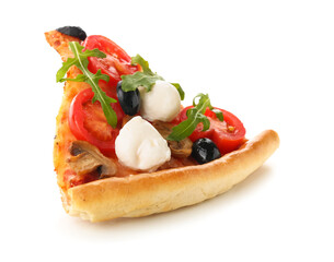 Slice of tasty pizza with mozzarella cheese, olives and mushrooms on white background