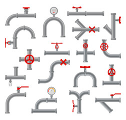 Plastic pipeline tubes with valves. Industrial conduit with connections, engineering plumbing system cartoon vector