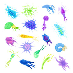 Bacterial microorganisms set. Bacteria and germs disease causing, germs, viruses, fungi cartoon vector