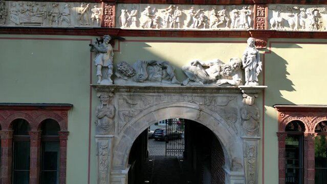 Fuerstenhof Courthouse with relief. Gorgeous aerial view flight Wismar germany