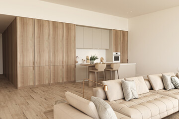 Modern beige minimalist interior livingroom. Kitchen with sofa, wood floor and kitchen island. 3d render illustration mock up wall background. High quality 3d illustration