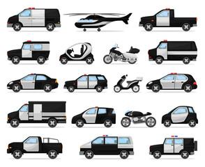 Police car vehicles with roof top flashing lights. Side view of helicopter, motorbike, truck cartoon vector